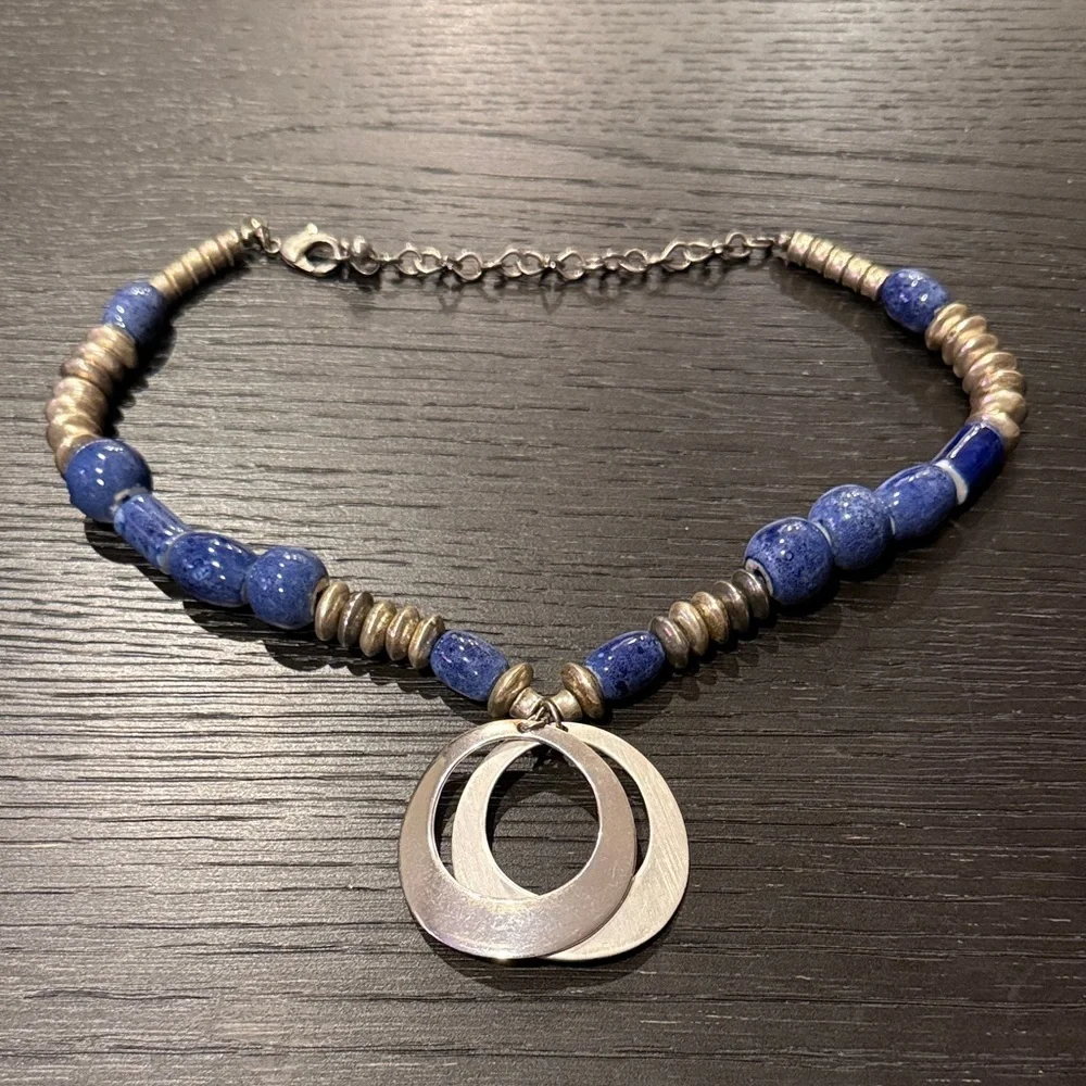 Chico's Silver and Blue Beaded Necklace with Dual Circle Pendant